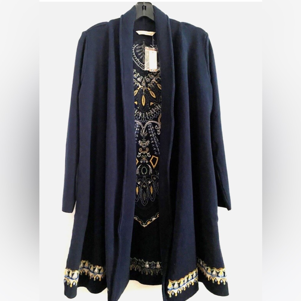 Stunning Soft Surroundings Embroidered Beaded Long Navy Sweater Duster